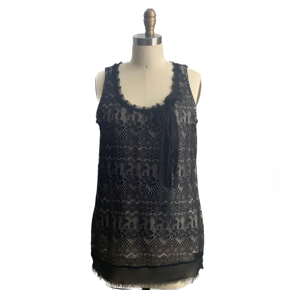 CAbi • Emily Sleeveless Black Lace Overlay Scoop Neck Blouse Tank Bow - Size S